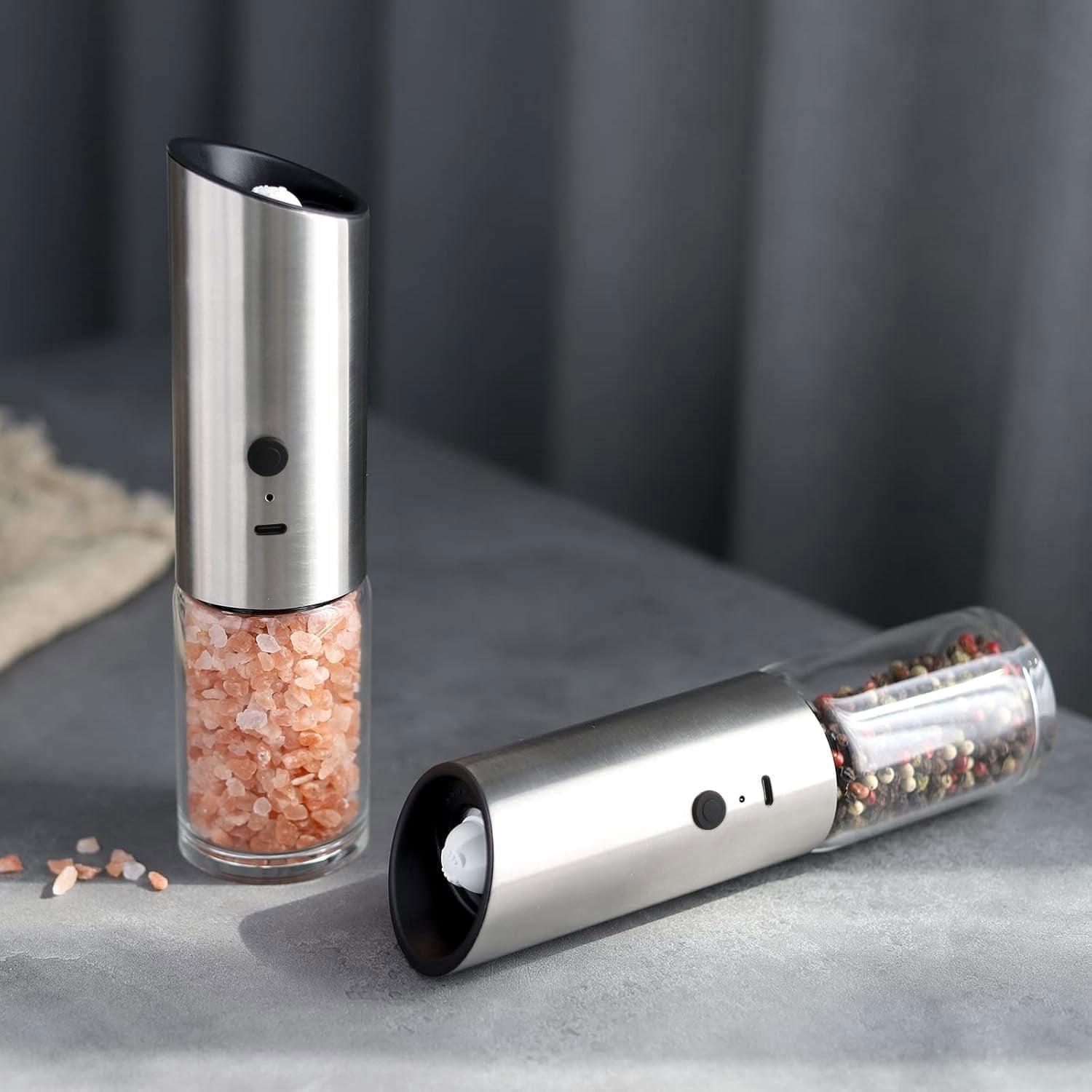 Electric Salt and Pepper Grinder Set Rechargeable with LED Light Automatic Stainless Steel Spice Mill Adjustable Coarseness
