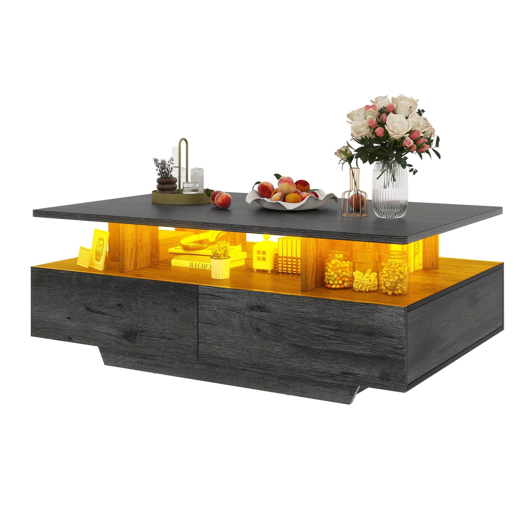Uforic LED Coffee Table, Modern Center Tables with Storage for Living Room, Gray