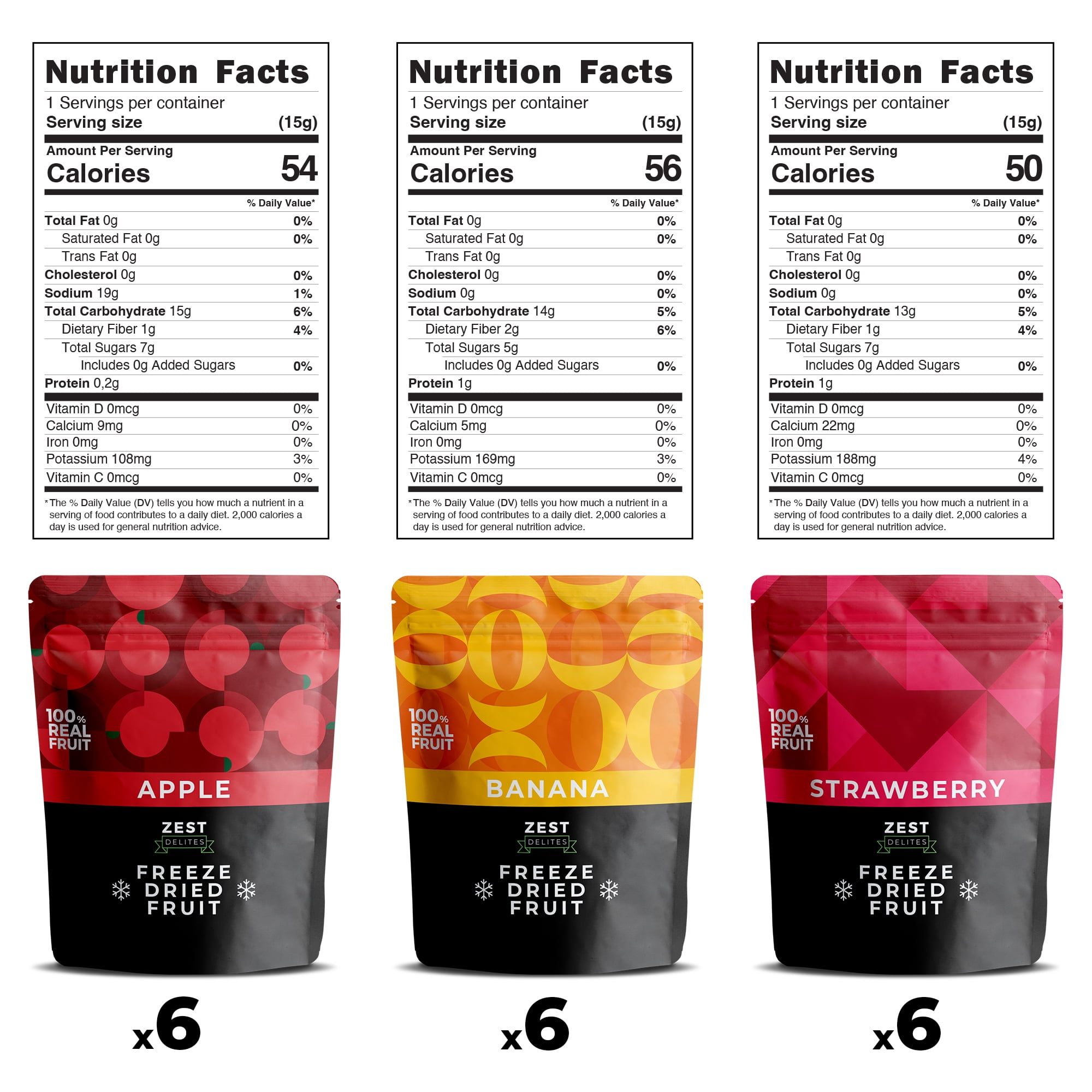 Zest Delites Freeze Dried Fruit, Strawberries, Apples, Bananas, Healthy Adult Snack, 18 Pack