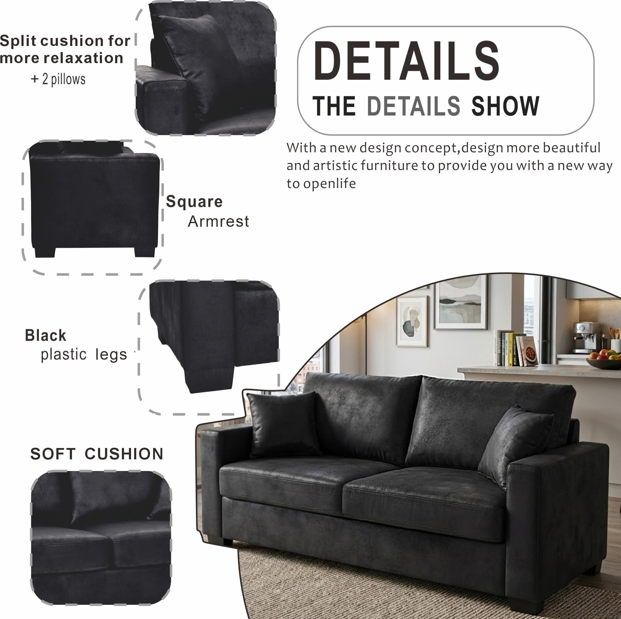 Lunale 69" Loveseat Sofa for Small Space, Modern Comfortable 2-Seater Upholstered Couch, Black Faux Leather