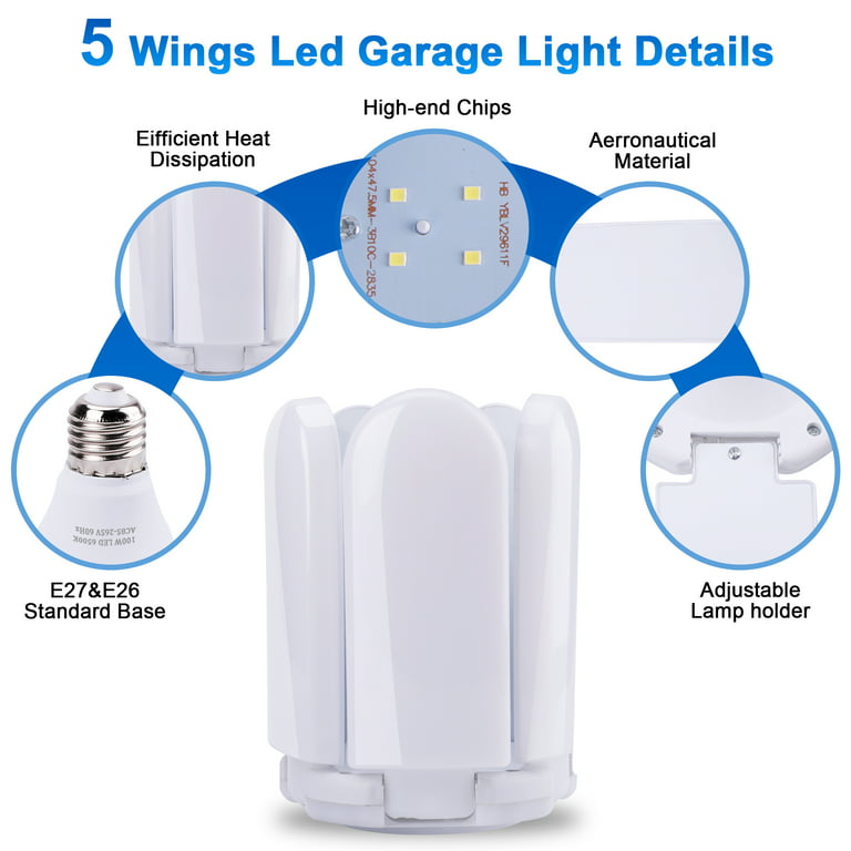 4-Pack LED Garage Shop Lights with 3 Ultra Bright Adjustable Panels, 50W,  5000LM 6500K Deformable Ceiling Lights for Garage, Attic, Basement, E26/E27