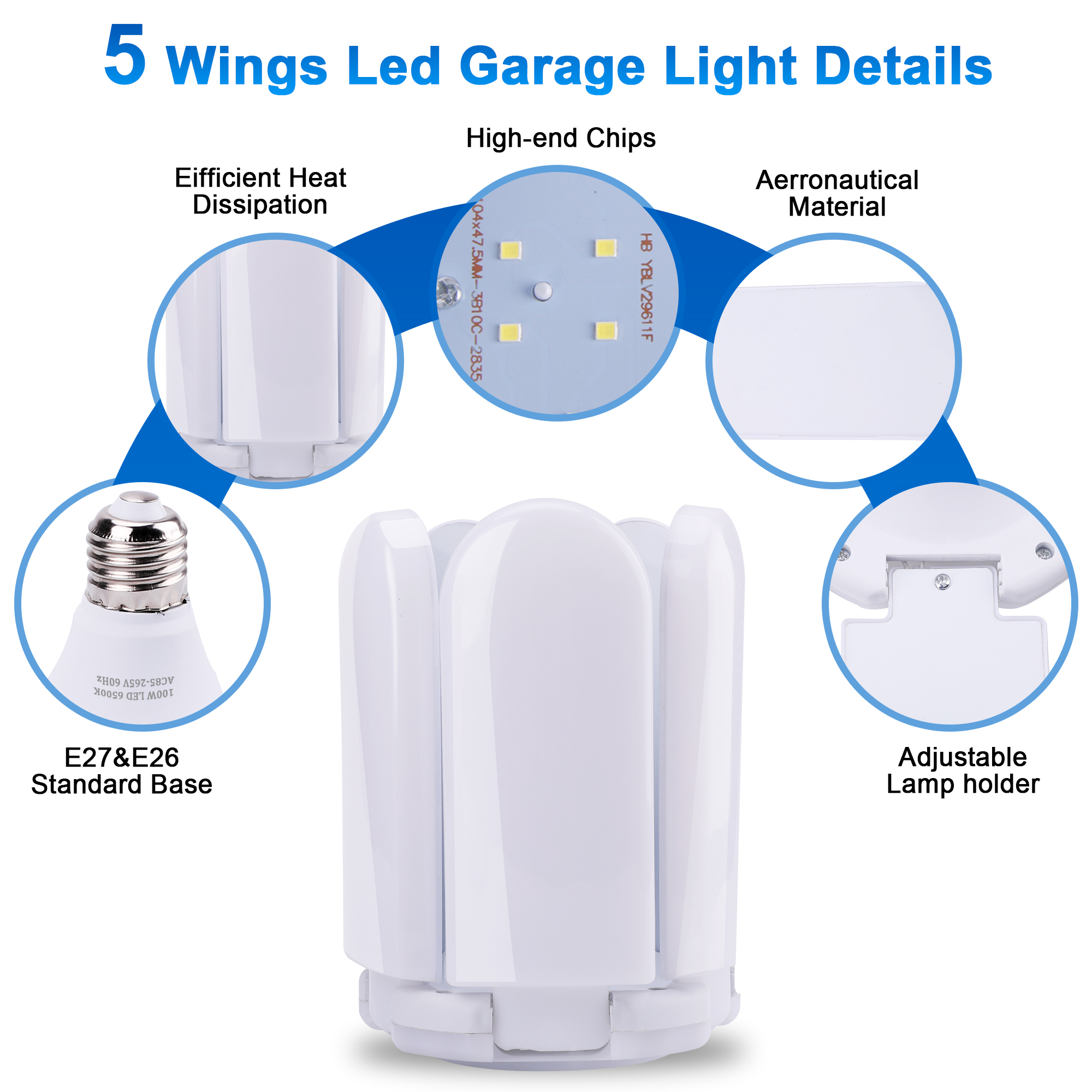 Garage Light with Wings,BALORAY 100W 10000 Lumen 6500K Ceiling Lights LED  Utility Shop Light for Garage/Basement/Home,Ceiling Light Fixture E26/E27 LED  Deformable Garage Light Super Bright