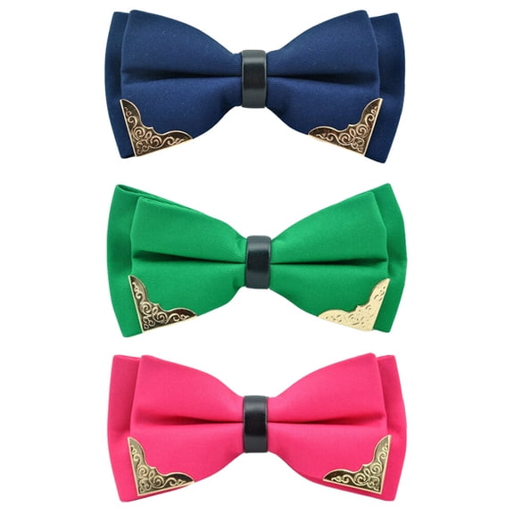 3 Packs Men Metal Flower Faux Leather Bowtie Wedding Party Tuxedo Bow Neck Tie