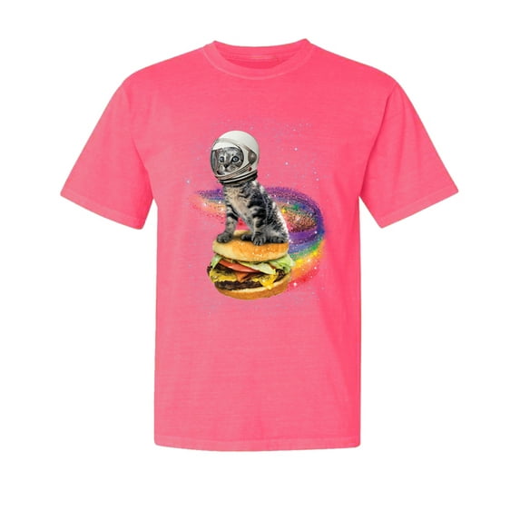 Wild Bobby, Funny Graphic Astronaut Cat in Space on Cheeseburger, Animal Lover, Garment-Dyed Washed Look Short Sleeve T-Shirt, Neon Pink, 2XL
