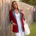thumbnail image 3 of Hsovts Womens Denim Patchwork Collared Shirt Jacket, Corduroy Shirts | Lightweight Shacket, Soft Ribbed Knit, Button Down Closure, Denim Spliced Jackets Red L, 3 of 6