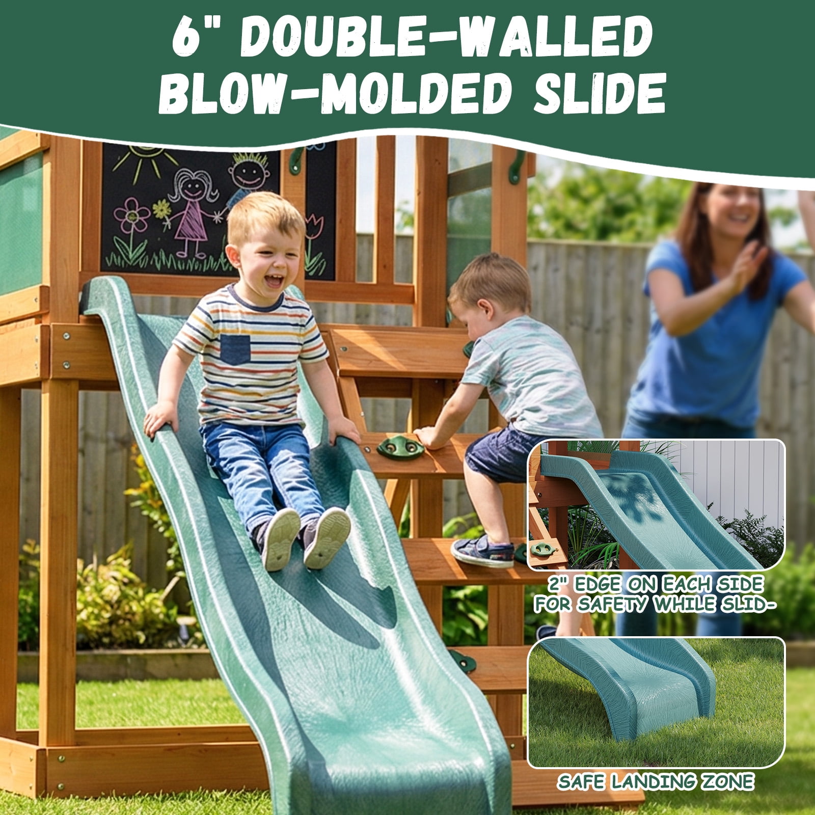 Clouddwell Wooden Swing Set for Backyard Playground Swingset with Slide Kid Outdoor Play Set with Play Deck, Rock Wall Ladder, Belt Swings, Chalkboard