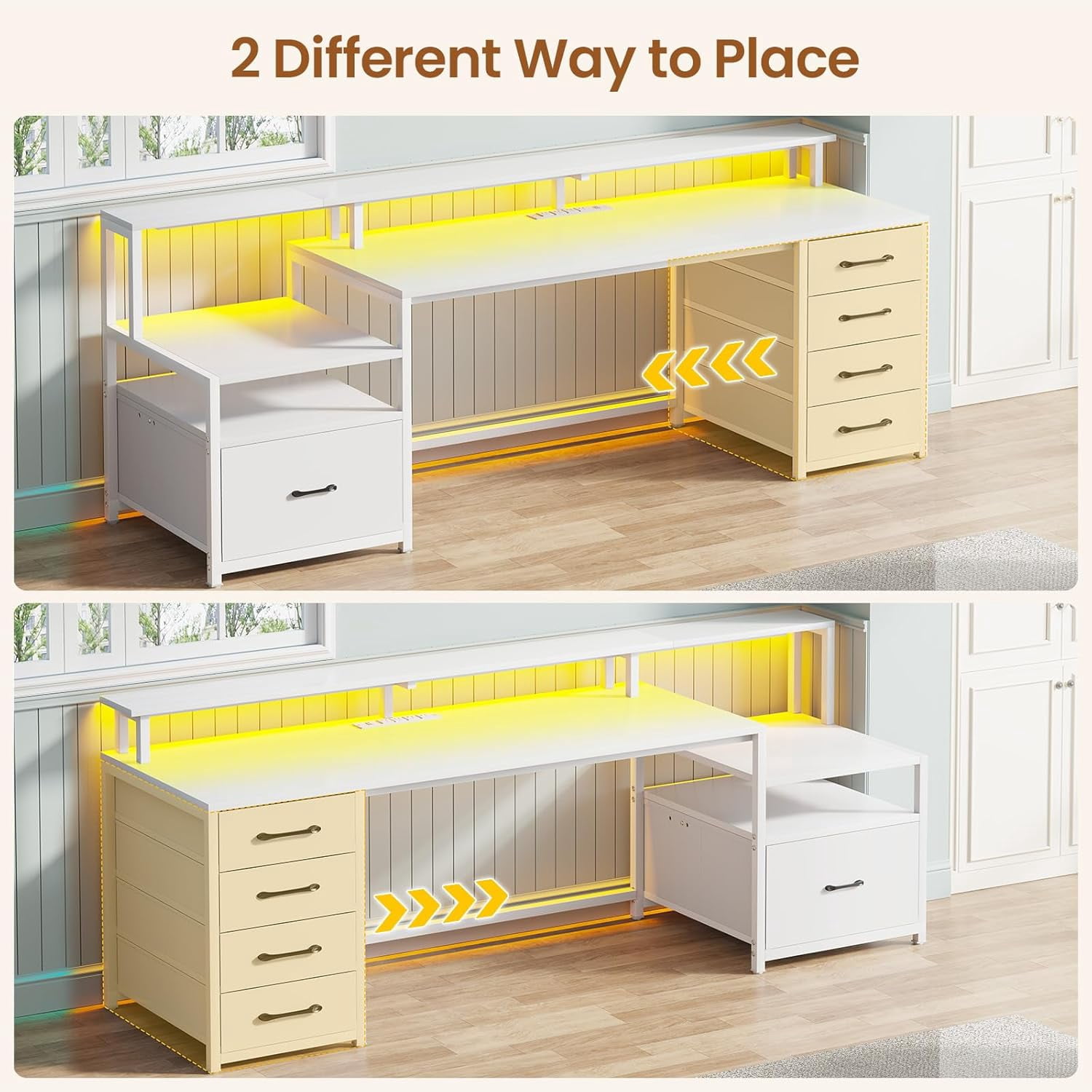 SEDETA White Computer Desk with 5 Drawer & Power Outlet & Monitor Shelf, Home Office Desk with File Drawer, Storage Shelves and Printer Cabinet, Gaming Desk with Led Lights