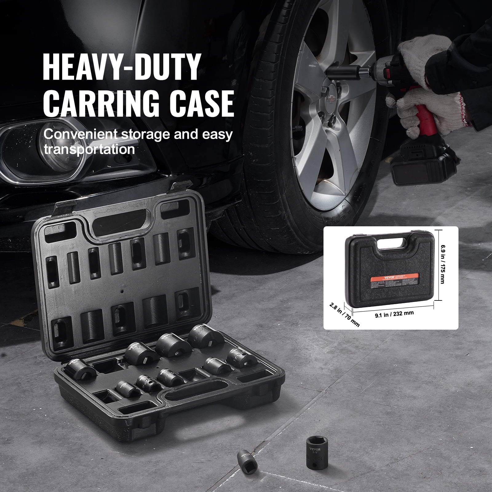 VEVOR 3/8" Drive Impact Socket Set, 12 Piece Shallow Socket Set SAE 5/16"-1", 6 Point Cr-Mo Alloy Steel for Auto Repair, Easy-to-Read Size Markings, Rugged Construction, Includes Storage Case