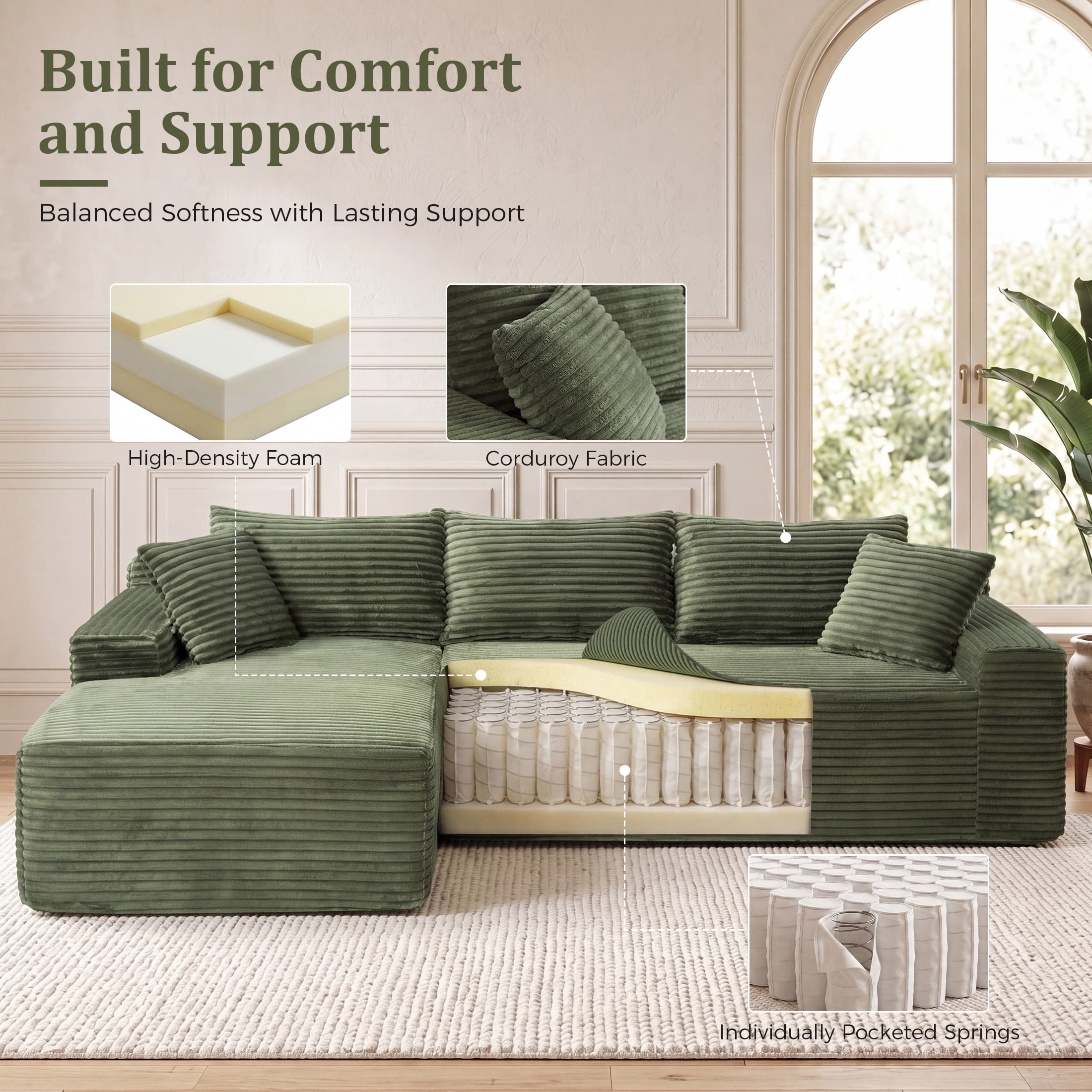Aenkyo 106 Inch Corduroy L-Shaped Cloud Sectional Sofa with Reversible Chaise, Green