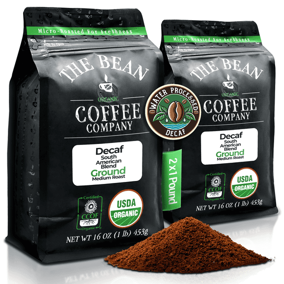 The Bean Organic Coffee Company Water Processed DECAF South America Blend, Medium Roast, Ground Coffee, 16-Ounce Bags (Pack of 2)