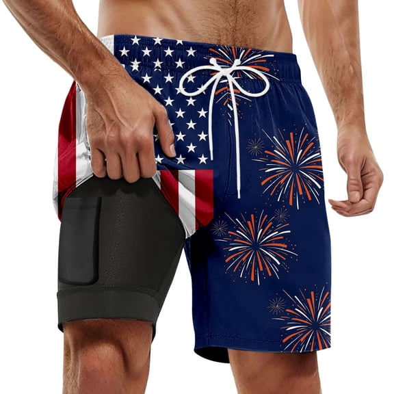 Bainana Mens Swim Trunks American Flag 2 In 1 Patriotic Swim Shorts July 4Th Retro Stretch Beach Pool Sport Shorts