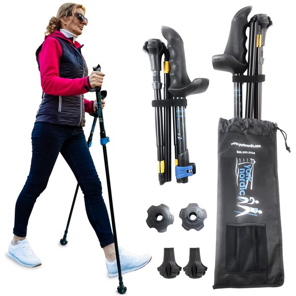 York Nordic Motivateur Poteaux de Marche de Voyage pour l'Équilibre et la Réadaptation - Poignées de Stabilité Brevetées - Légers, Ajustables et Pliables, Inclut des Pieds Détachables et un Sac de Voyage
