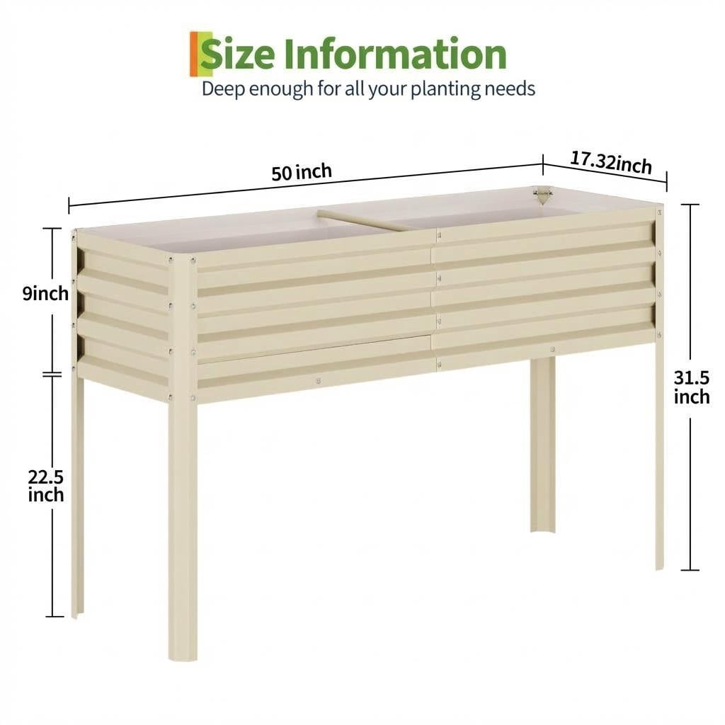 32" Tall Self-Watering Raised Garden Bed with Legs, Heavy Duty Galvanized Steel Planter, Modular Ergonomic Design for Patio Backyard, Beige