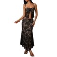 thumbnail image 2 of Women's 2 Piece Outfit Lace Trim Tie Front Camisole Top Maxi Skirts Set Black S, 2 of 10