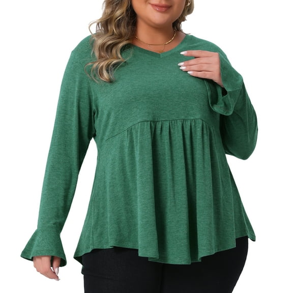 DARING DIVA Women's Plus Long Sleeve Flared Sleeves Peplum Top 1X Green