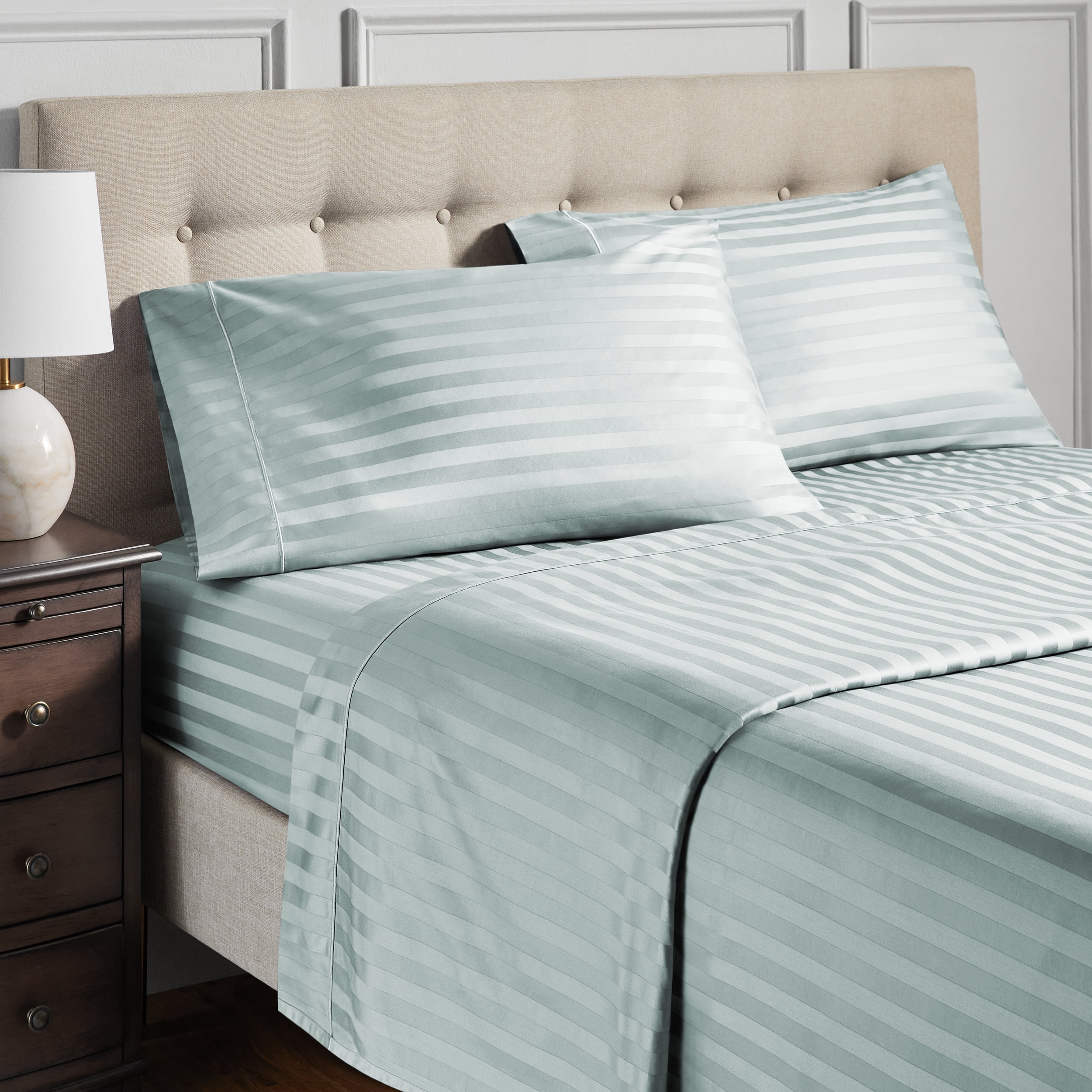 Hotel Style 4-Piece 600 Thread Count Egyptian Cotton Bed Sheet Set, Blue Stripe, King, Deep Pocket