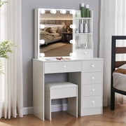 JBLCC Modern Makeup Vanity with LED Lighted Mirror and Stool, Vanity Table for Bedroom, Vanity Desk with Storage Shelves & Drawers, White