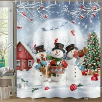 Winter Snowman Shower Curtain, Christmas Snowman Shower Curtain Cute Snowman Playing Music in The Snow Shower Curtain Set with Hooks for Bathroom, 72X72in