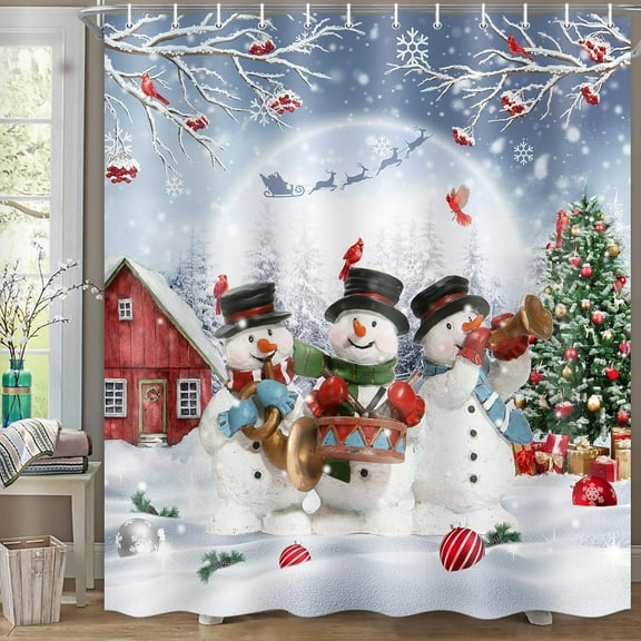 Winter Snowman Shower Curtain, Christmas Snowman Shower Curtain Cute Snowman Playing Music in The Snow Shower Curtain Set with Hooks for Bathroom, 72X72in