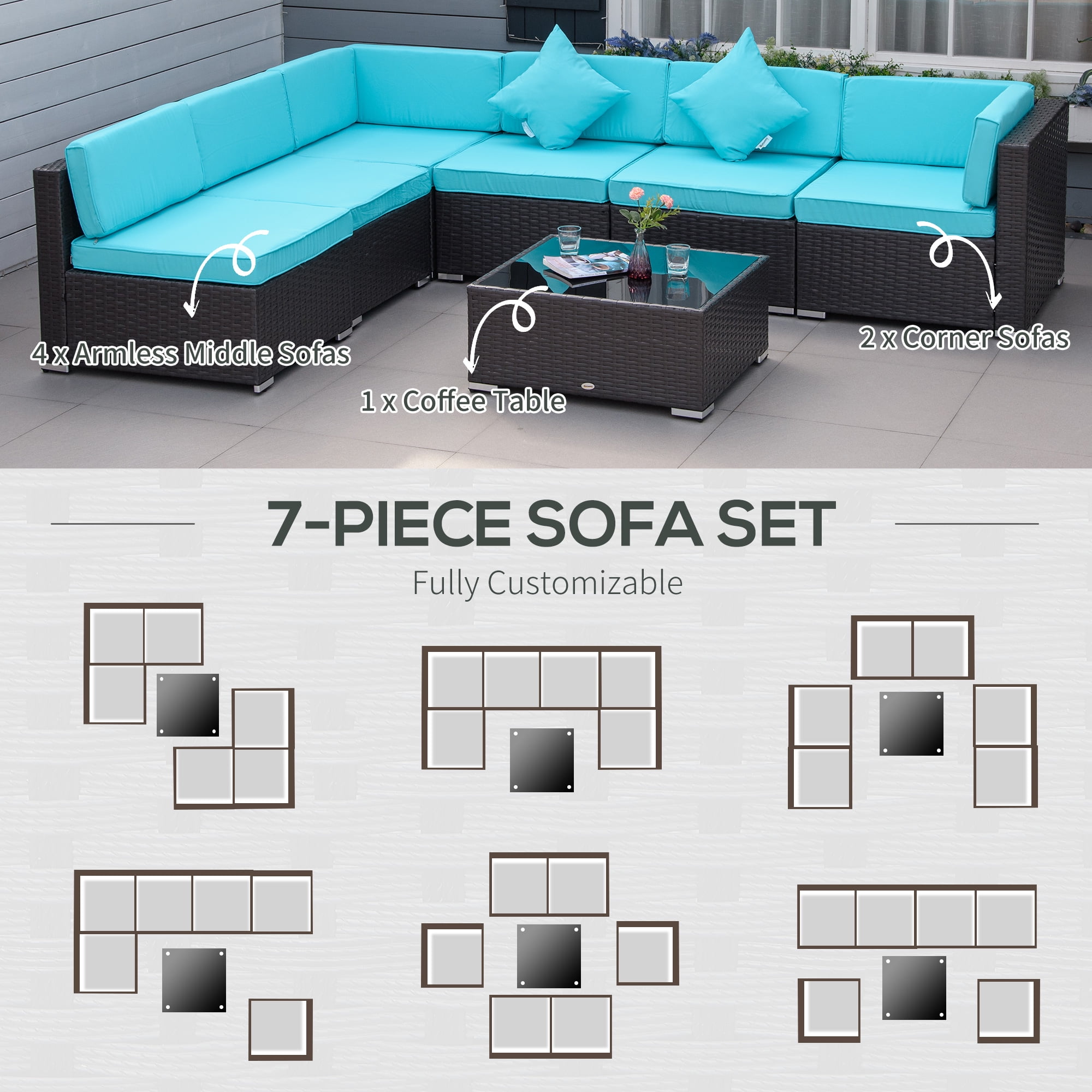 Outsunny 7 Piece Outdoor Patio Furniture Set, PE Rattan Wicker Sectional Sofa Set with Couch Cushions, Pillows, Coffee Table, Turqoise