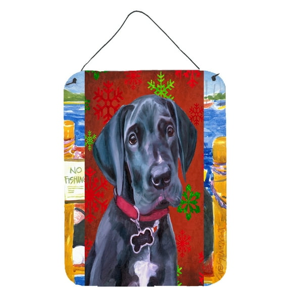 Black Great Dane Puppy Red Snowflakes Holiday Christmas Wall or Door Hanging Prints