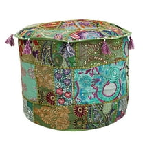 DK Homewares Indian Vintage Patchwork Pouf Ottoman Cover Parrot Green Round Bean Bag Home Decor Cotton Embroidered Pouffe Footstool Floral Traditional 22x22x14 Inch - COVER ONLY