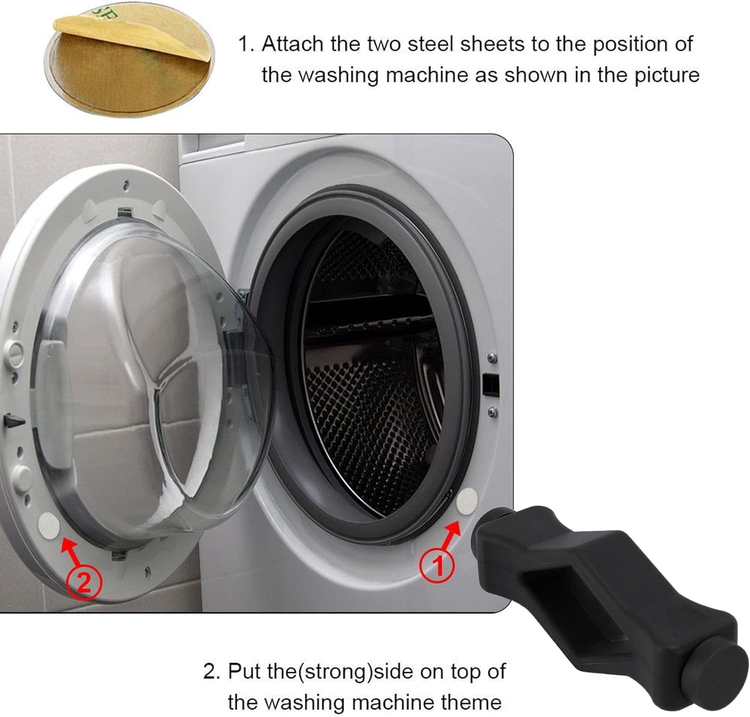 JJEAN-Front Load Washer Door Prop, Silicone Washing Machine Door Prop Open, 3.9 x 1.4 x 0.7in Front Load Washer Door Holder Magnetic with 3 Adhesive Metal Catch for Drum Washing Machines, Black