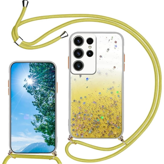 Compatible with Samsung Galaxy S23 Ultra Case Clear Cute Giltter Samsung S23 Ultra Phone Case for Women Girls Transparent TPU Bumper Cases with Lanyard Strap (Yellow)