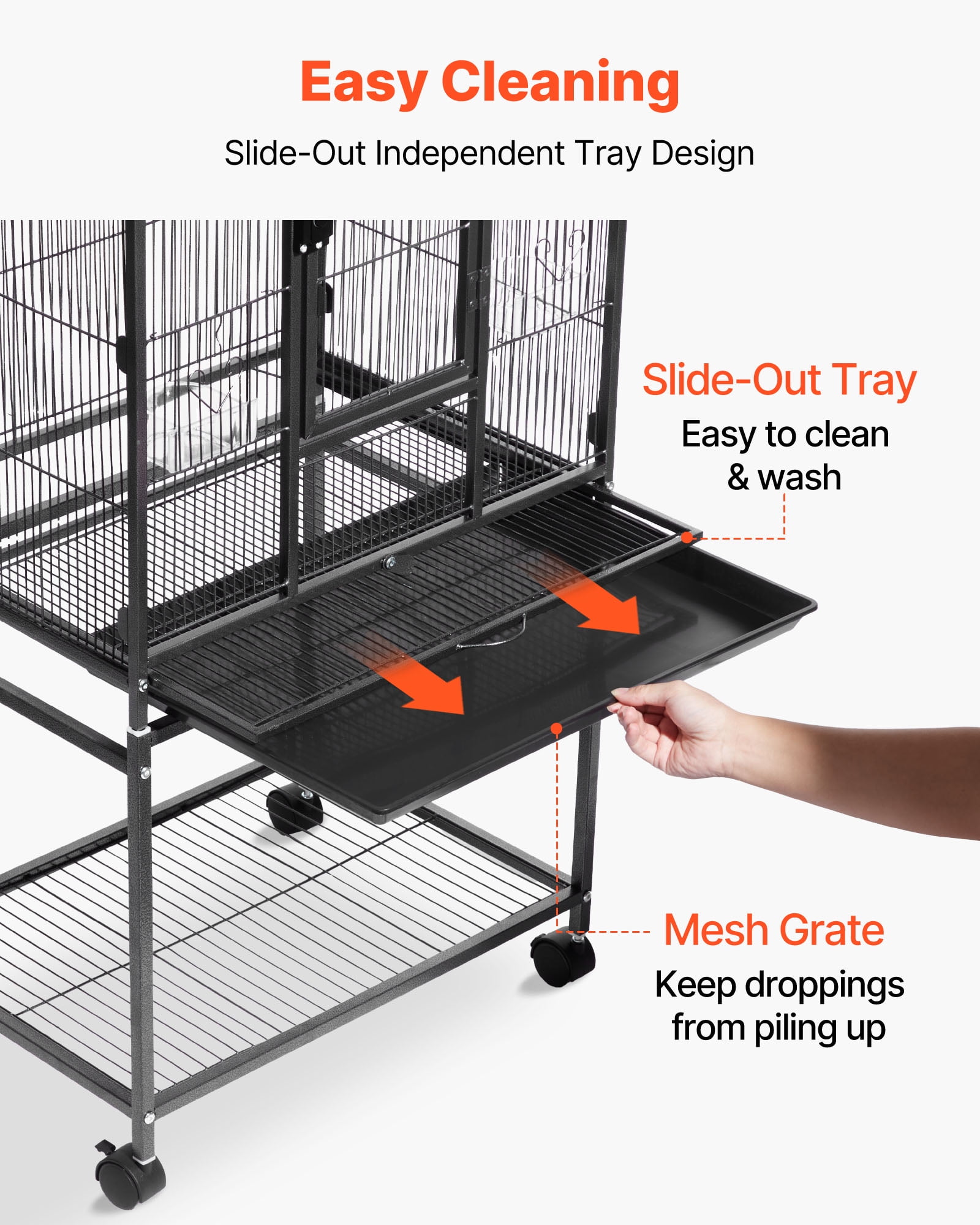 VEVOR Bird Cage, 24.6 x 16.7 x 53.9 in, Flat Top, Wrought Iron Bird Flight Cage with Perches, Slide-Out Tray and Plastic Feeders, Casters, for Parrot, Blue Tit, Cockatiel, Canary, Budgerigar, Conure