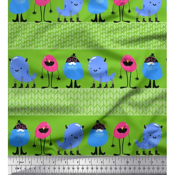 Soimoi Green Silk Fabric Monster Cartoon Print Sewing Fabric Yard 42 Inch Wide