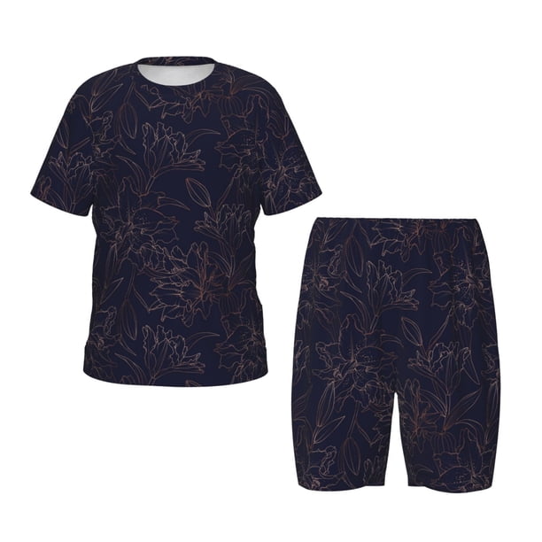 Balery Copper-Gold Gloss Outline Flower1 Conjunto de Pijama Infantil de Manga Corta con Estampado – Ropa de Dormir de Algodón Suave-X-Large