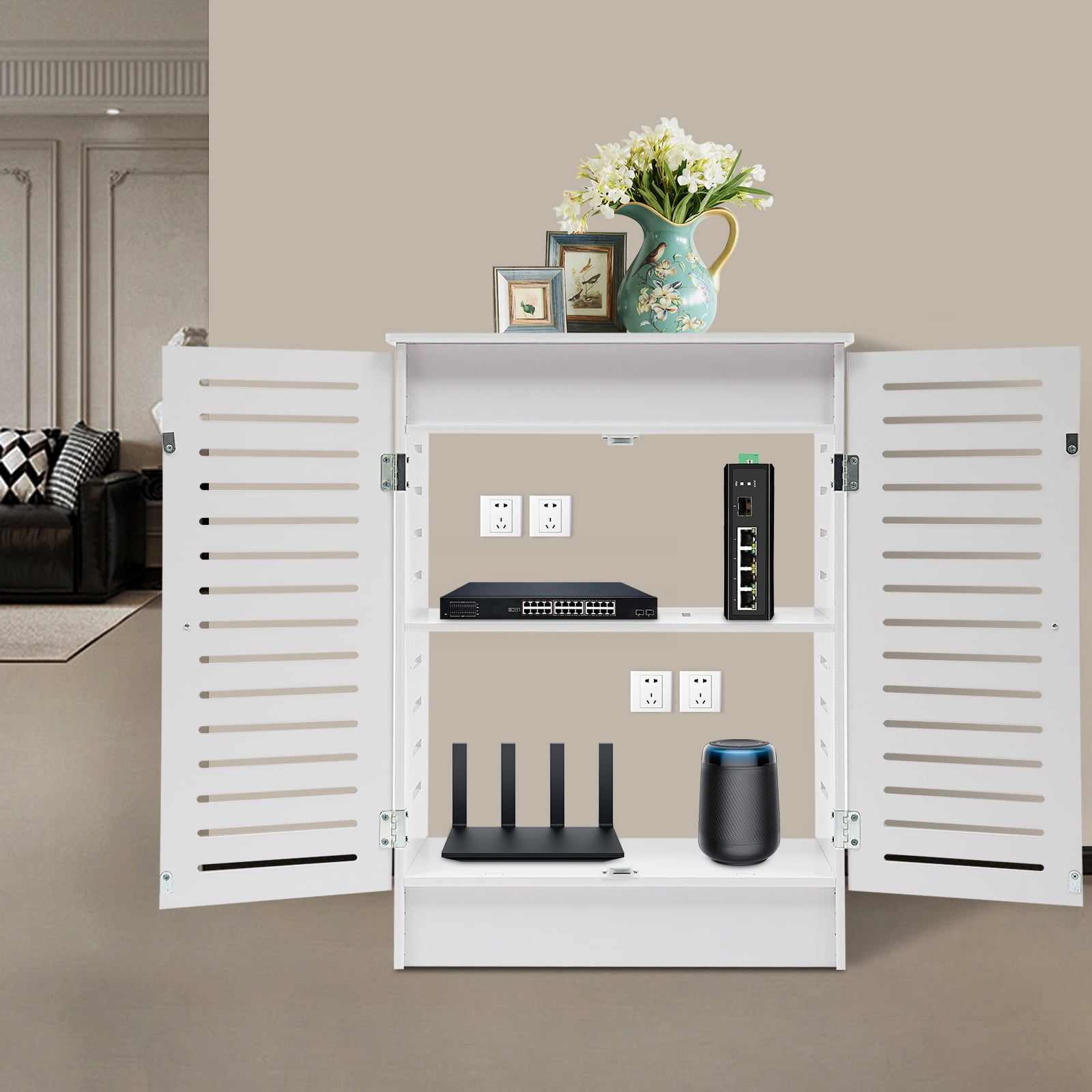 ToppiJoy 2-Tier Floor Standing Router Storage Cabinet, Management Hider Organizer Side Table for Home Office Living Room (19.7*9.8*27.5in)