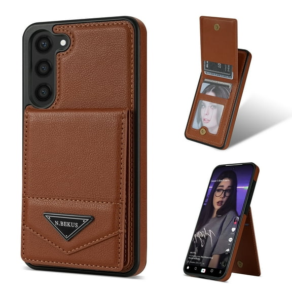 Allytech Wallet Case for Samsung Galaxy S23, Luxury PU Leather Kickstand Card Slots Magnetic Buckle RFID Blocking Shockproof Anti-Scratch Protective Case for Women Men - Brown