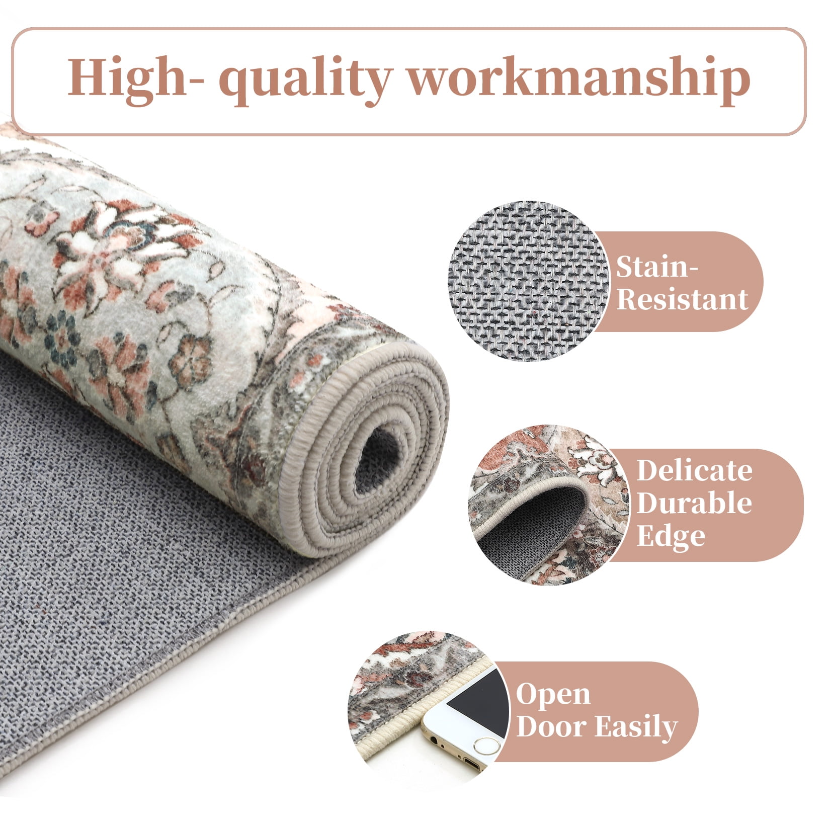 Hasoo Large Area Rug 9' x 12' Rug for Living Room Bedroom Floral Non-Slip Washable Accent Indoor Carpet, Gray/Pink