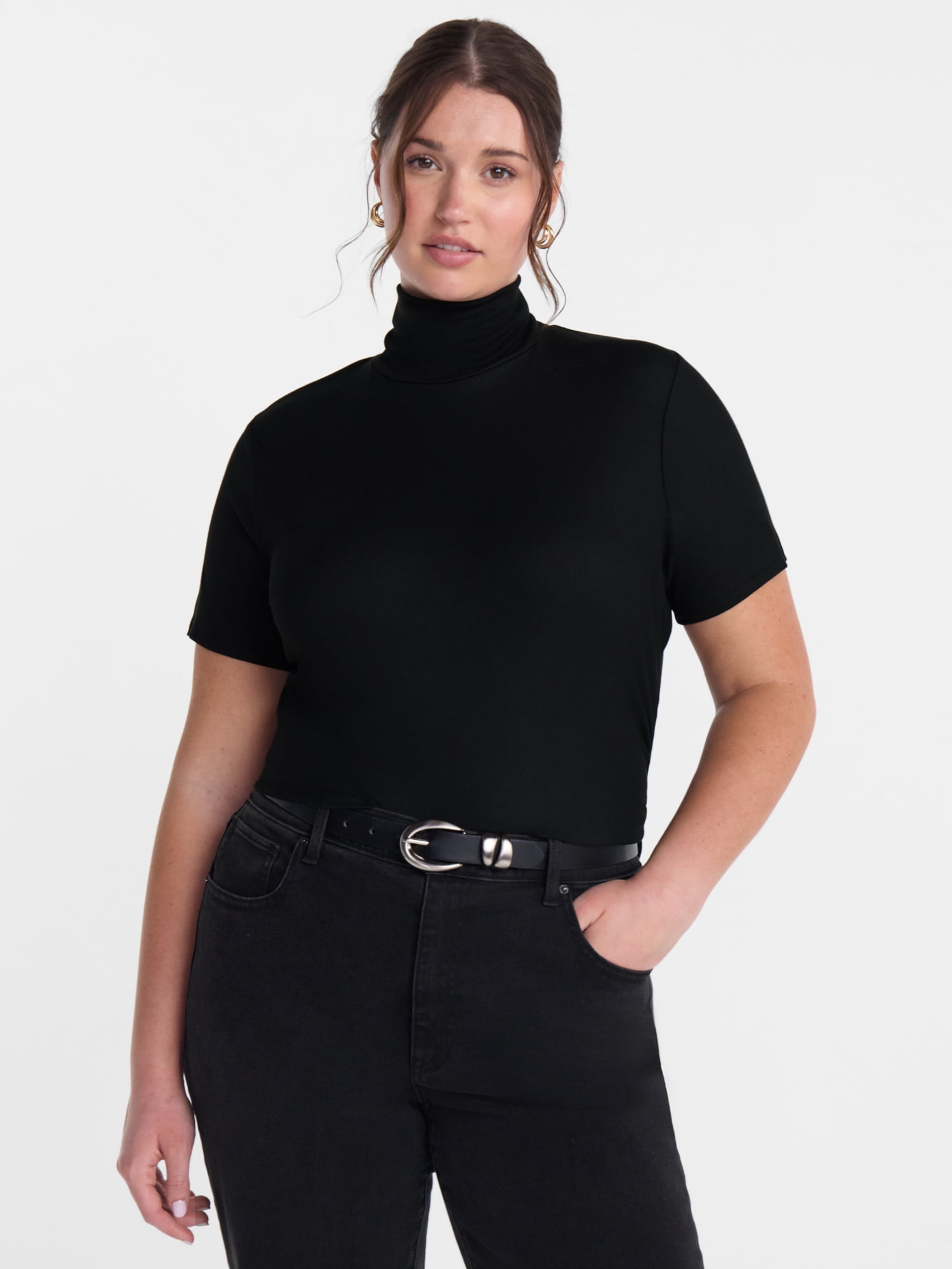Scenario Women's Turtleneck Top with Short Sleeves, Sizes XS-XXXL