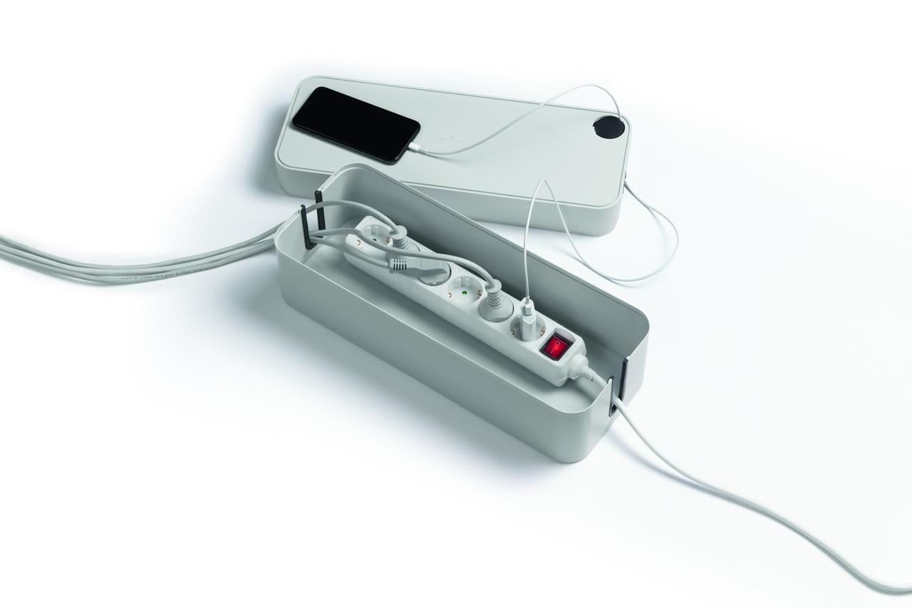 DURABLE 503010 CAVOLINE Cable Management Box with USB Cable Outlet, Large, Ideal for Organization, Flame-Retardant Plastic, Non-Slip Base, Gray (503010)
