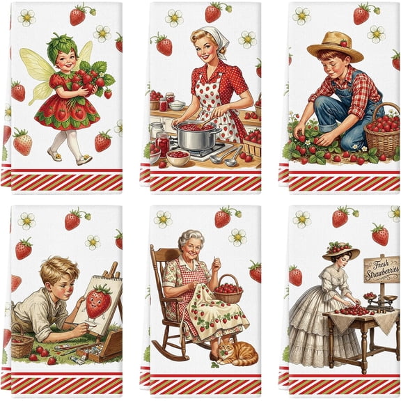 Summer Kitchen Towels 18x26 Inch Strawberry Vintage Kitchen Dish Towels Hand Towels Seasonal Holiday Anniversary Indoor Bathroom Decoration Set of 6