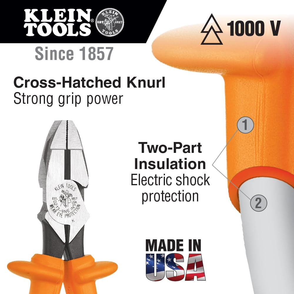 Klein Tools D20009NEINS Insulated Lineman's Pliers, Made in USA, with Dual Layer Insulation Exceeding tests and Flame and Impact Resistance, 9-Inch CA2