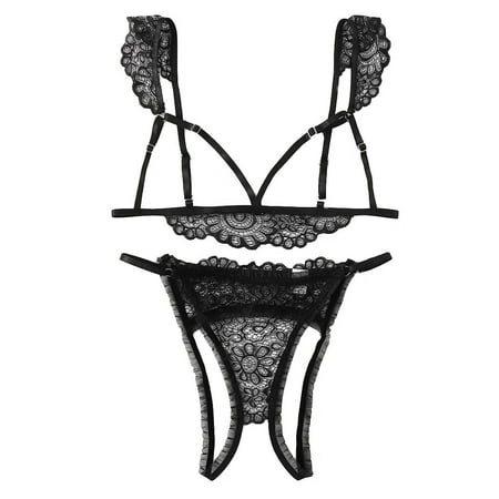 

Mackneog Plus Size Underwear New Women Plus Size Lace Lingerie Bra+Thong Underwear Set Black Sleepwear Polyester Lace Thong Plus Size Panties
