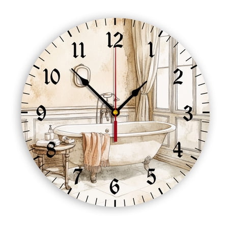 YladaFaie Watercolor Vintage Bathtub Wall Clocks Battery Operated 10 Inch Silent Non-Ticking Quiet Desk Clock Decor for Living Room Home Office School Kitchen