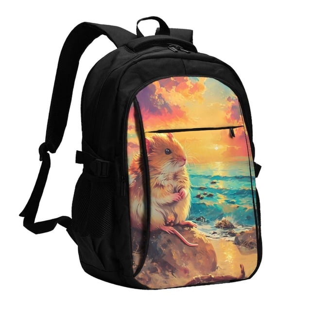Fotbe Island Beach Guinea Pig Mochila con Estampado y Puerto USB para Hombre y Mujer, Mochila Antirrobo, Mochila de Viaje, Mochila Escolar, Mochila Universitaria