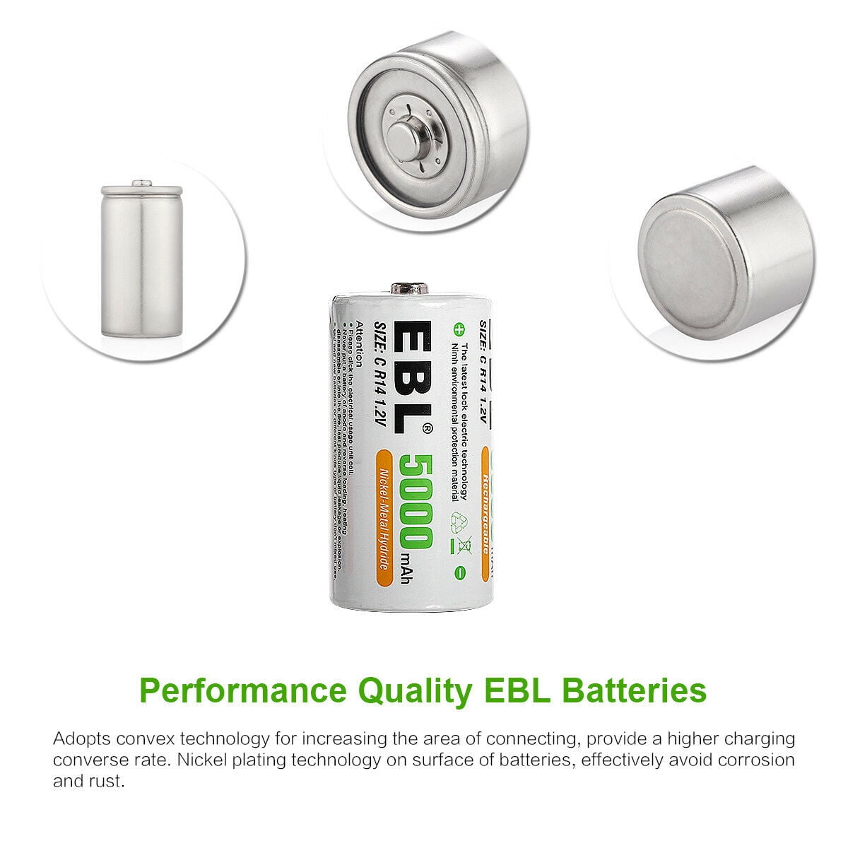 EBL 2-Pack 5000mAh Size C Rechargeable Batteries + LCD Battery Charger for AA AAA 9V C D Ni-CD Ni-MH Battery