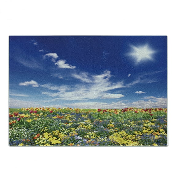 Flower Cutting Board, Flowers Meadow and Cloudy Sky Nature Landscape Print Vivid Sun Springtime, Decorative Tempered Glass Cutting and Serving Board, Small Size, Multicolor, by Ambesonne