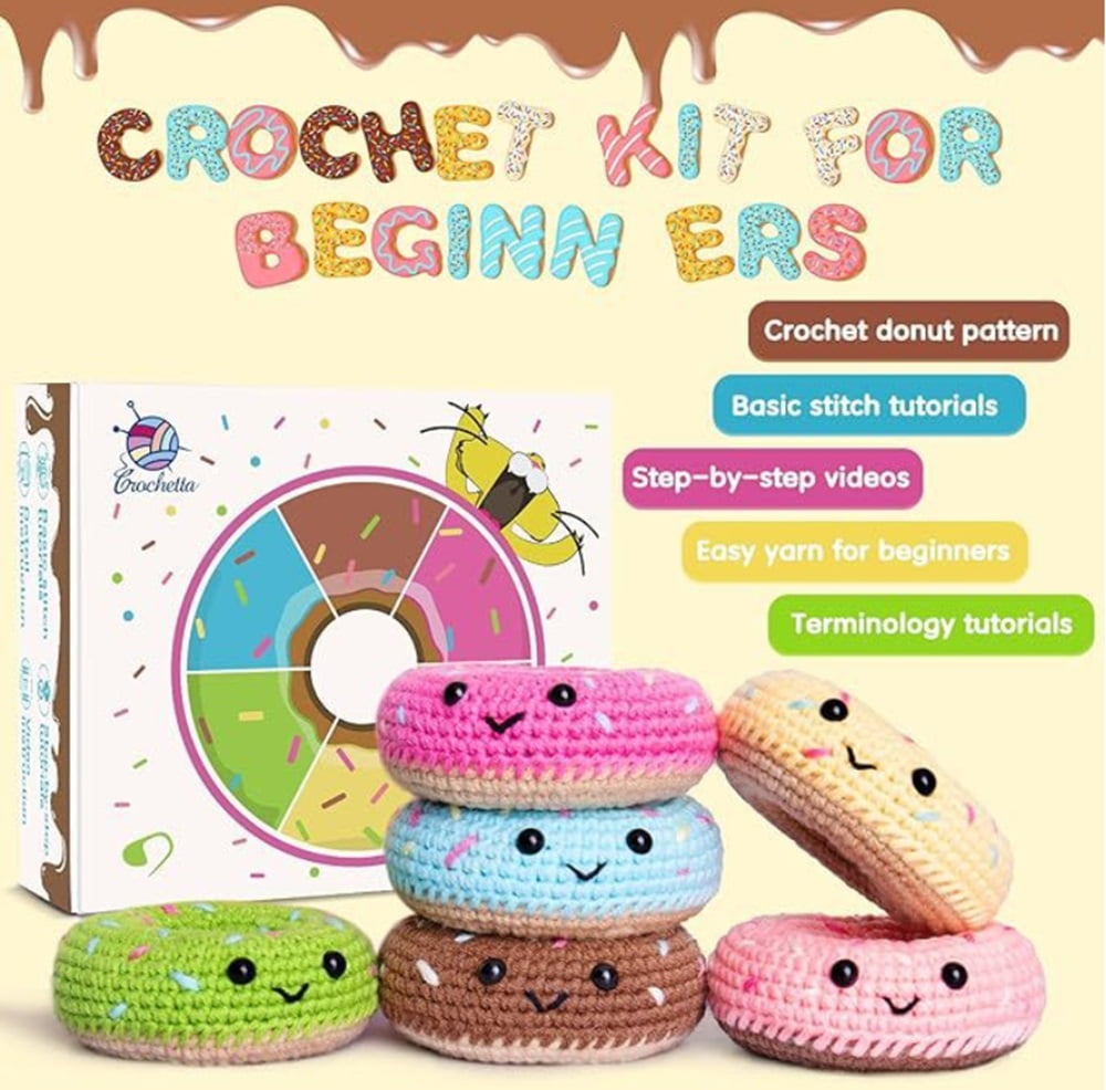 Donut Family Crochet Kit for Beginners, 6-Pack Amigurumi Starter Set with Step-by-Step Video Tutorials, DIY Craft Gift, TIKA