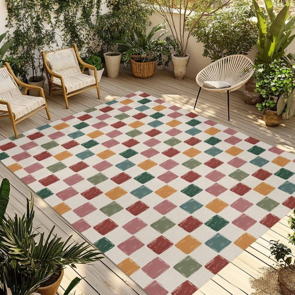 Colorful Checkered Outdoor Rug for Patio/Deck/Porch, Non-Slip Large Area Rug 5 x 7 Ft, Vintage Plaid Grid Geometric Beige Indoor Outdoor Rugs Washable Area Rugs, Reversible Camping Rug Carpet Runner