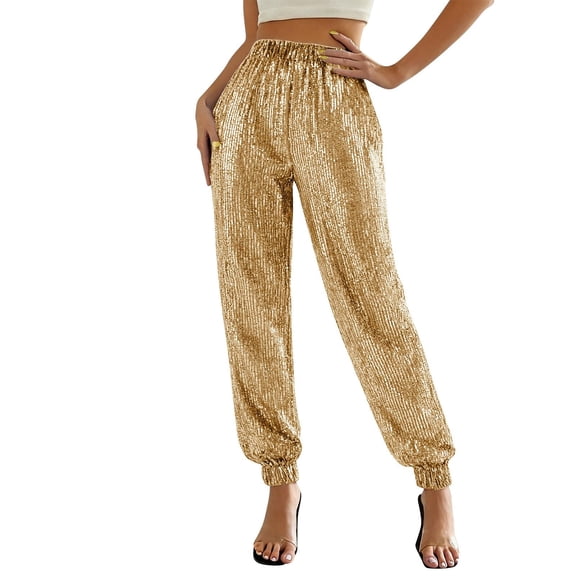 XDIAHBPL Casual Pants For Womens Pants Sparkly Pants For Elastic High Waisted Shiny Sequin Trousers Loose Long Pencil