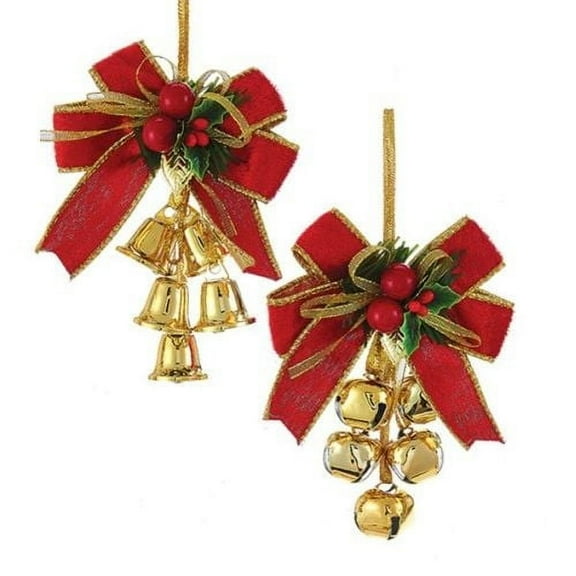Kurt S. Adler Bow With Bells Ornaments, 2 Assorted, Red and Gold