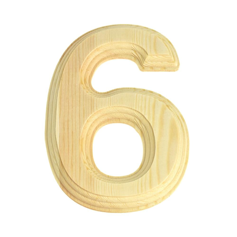 Pine Wood Beveled Wooden Number 6, Natural, 513/16Inch