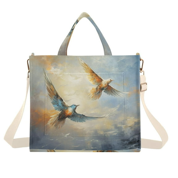 Birds Painting Corduroy Tote Bag Handbag Large Messenger Bag Shoulder Crossbody Zipper Bag Purse