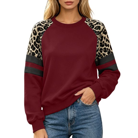 JIAYUE Women's Sweatshirt Crew Neck Long Sleeves Leopard Color Block Sleeve Stripe Detail Pullover Top for Fall Workout Wear